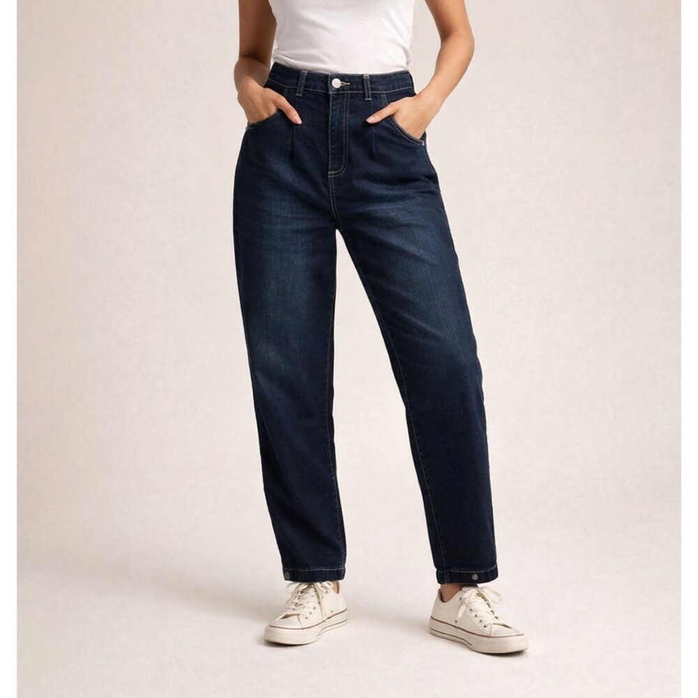YMI Jeans Womens Medium High Waist Elastic Relaxed Tapered Dark Wash